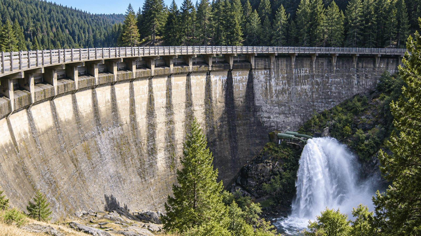 Hydroelectric dam and spillway surrounded by forest