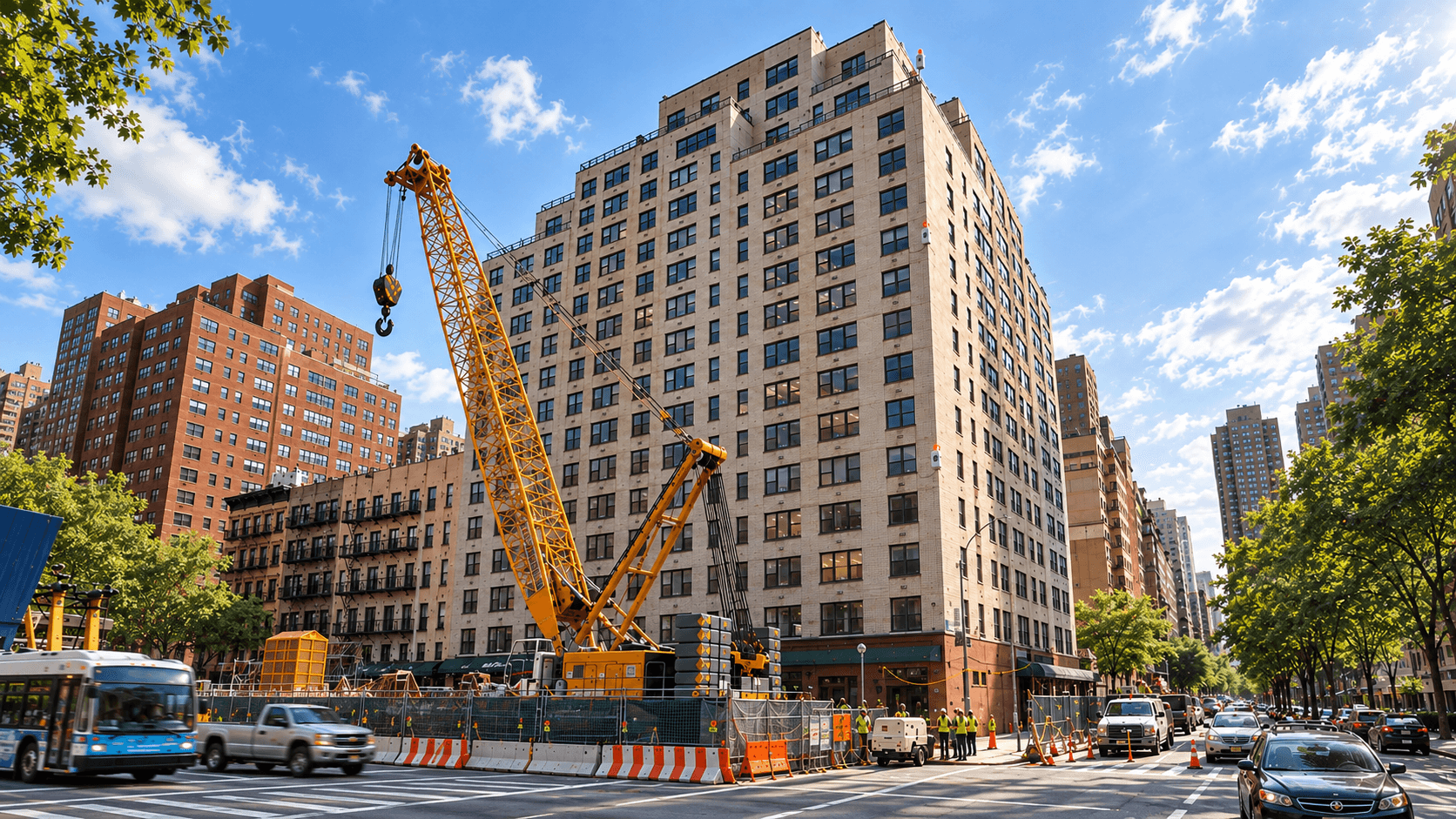Active urban construction site with a yellow crane beside high-rise buildings