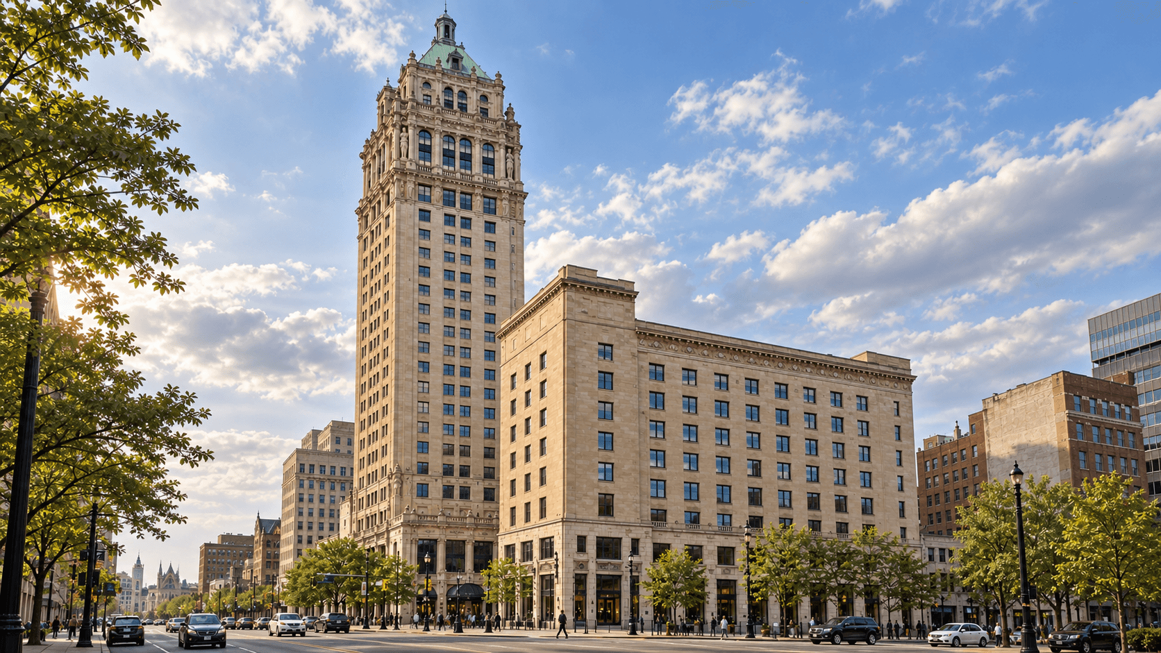 Historic stone tower and civic buildings along a city avenue