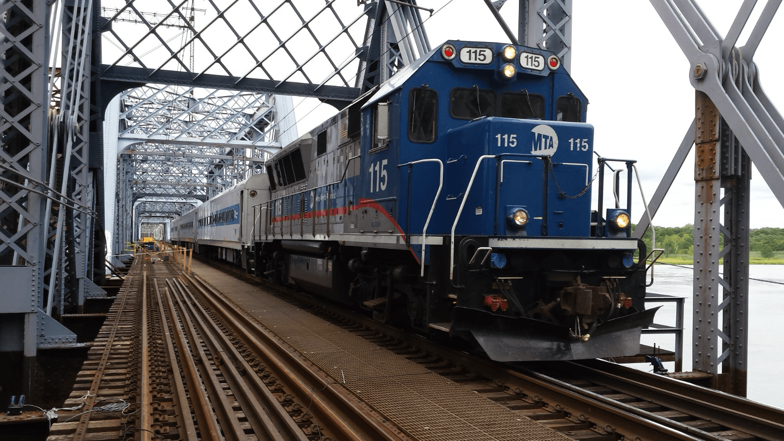 MTA passenger train crossing Devon Railroad Bridge in Milford, Connecticut