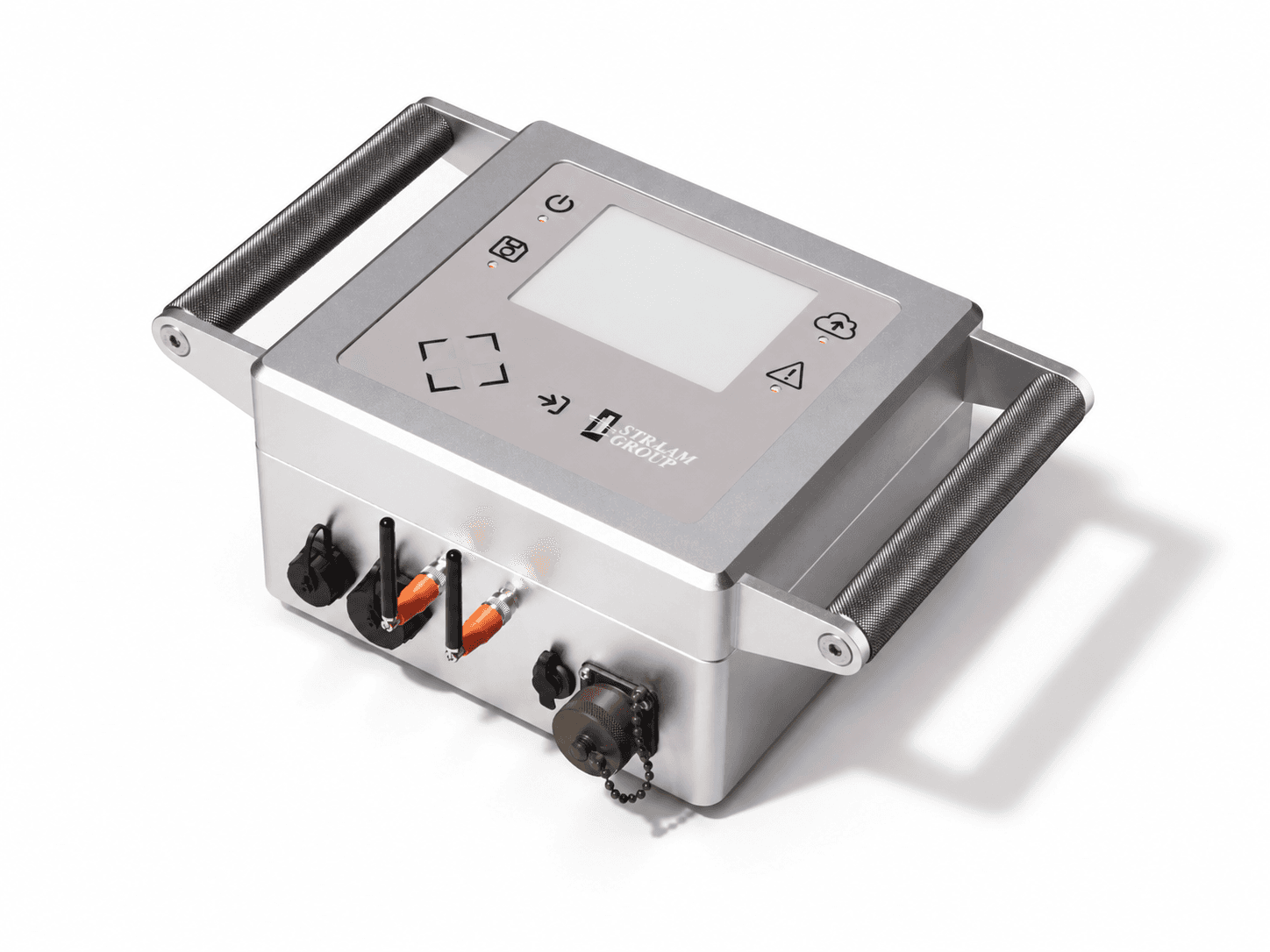 Angled view of the STRAAM Soteria instrument, showing its display, textured handles, front ports, antennas, and chained connector