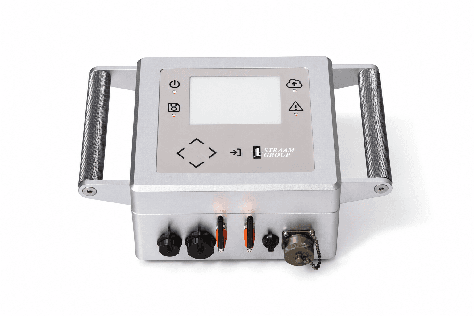 Front view of the STRAAM Soteria structural monitoring instrument, showing its display, side handles, antennas, and connectors