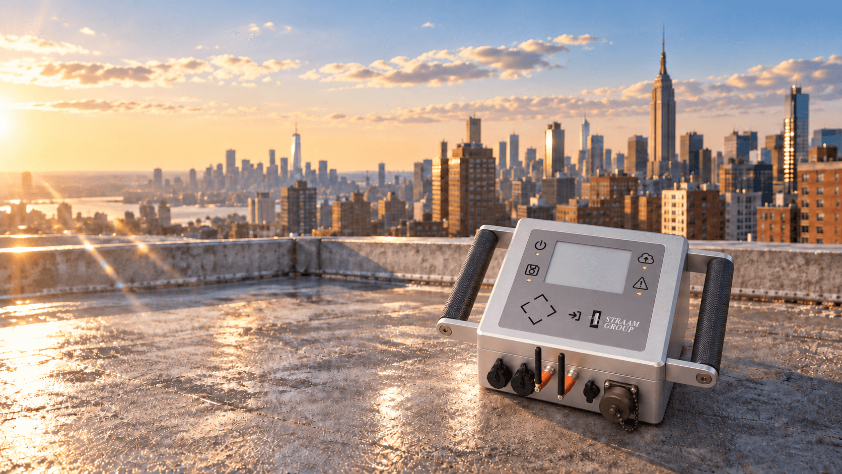 STRAAM Soteria monitoring instrument with antennas and connectors on a New York City rooftop, overlooking the skyline at sunset