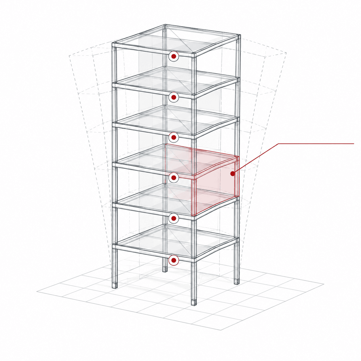 Slender wireframe building with a localized red change in motion and investigation marker