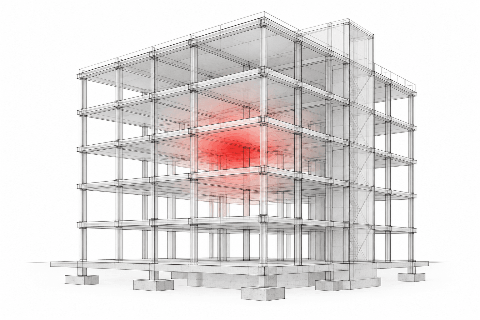 Wireframe building with a highlighted red response hotspot