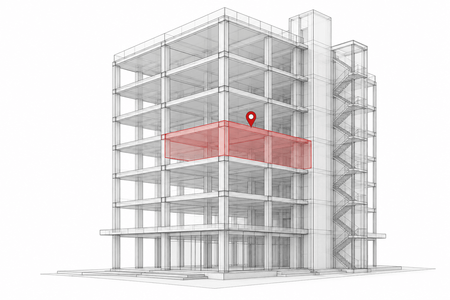 Wireframe building with a highlighted structural location