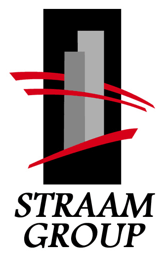 STRAAM Group stacked logo with a gray structural mark and red signal lines on white.