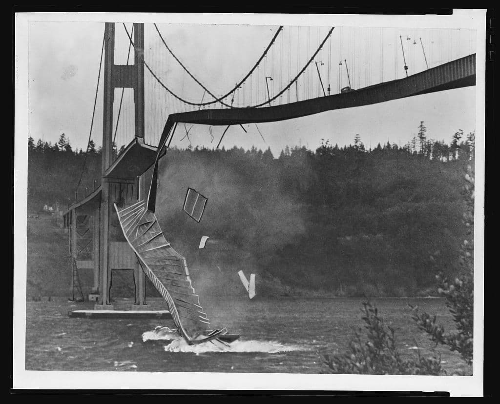 Tacoma Narrows Bridge after the 1940 collapse, Library of Congress