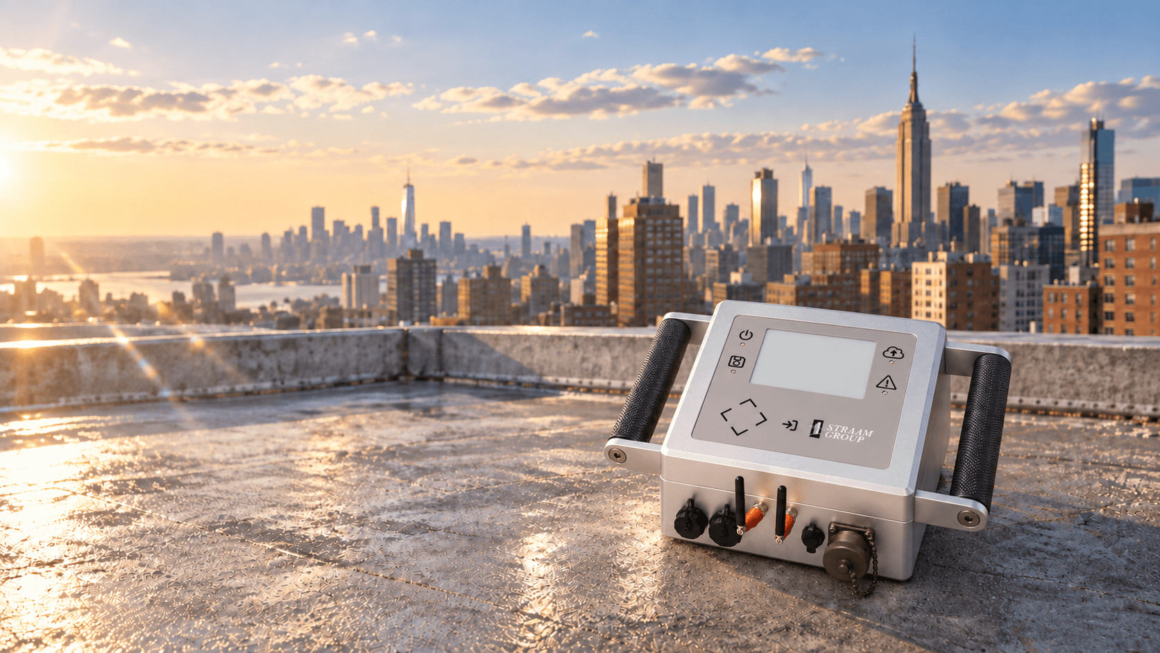 STRAAM Soteria monitoring instrument with antennas and connectors resting on a city rooftop.
